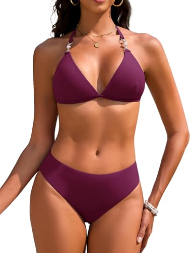 UMIPUBO Mulher biquíni fato de banho 2 peças sexy com triângulo decote em V fato de banho conjunto brasileiro halter cintura baixa laço de duas peças com pérolas praia a natação