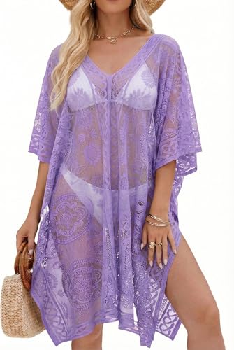 Vestido de Playa Sexy y Elegante de Encaje para Mujer, Pareo cubrebañador con Cuello en V para Vacaciones y Fiestas