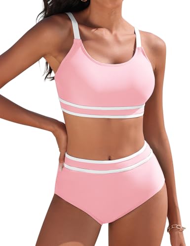 Yuson Girl Fato de banho para mulher conjunto de biquíni push up patchwork de riscas biquíni desportivo cintura alta biquíni secagem rápida controlo de barriga fato de banho redutor biquíni duas peças