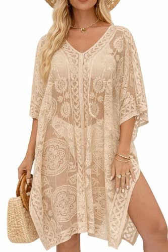 Vestido de Playa Sexy y Elegante de Encaje para Mujer, Pareo cubrebañador con Cuello en V para Vacaciones y Fiestas