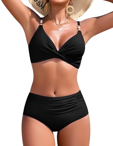 Nadeer Fato de banho para mulher top cruzado decote em V duas peças com pérolas sexy elegante conjuntos de biquíni controlo de barriga de cintura alta fato de banho de praia