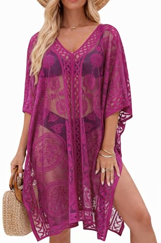 Vestido de Playa Sexy y Elegante de Encaje para Mujer, Pareo cubrebañador con Cuello en V para Vacaciones y Fiestas