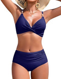 Nadeer Fato de banho para mulher top cruzado decote em V duas peças com pérolas sexy elegante conjuntos de biquíni controlo de barriga de cintura alta fato de banho de praia