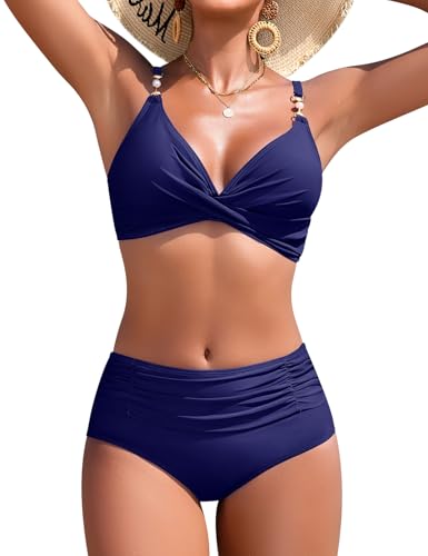 Nadeer Fato de banho para mulher top cruzado decote em V duas peças com pérolas sexy elegante conjuntos de biquíni controlo de barriga de cintura alta fato de banho de praia