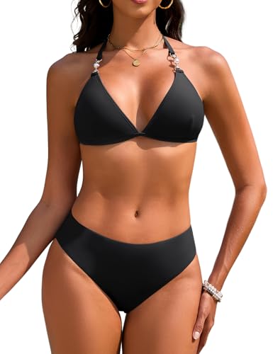 UMIPUBO Mulher biquíni fato de banho 2 peças sexy com triângulo decote em V fato de banho conjunto brasileiro halter cintura baixa laço de duas peças com pérolas praia a natação