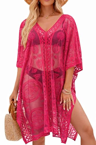 Vestido de Playa Sexy y Elegante de Encaje para Mujer, Pareo cubrebañador con Cuello en V para Vacaciones y Fiestas
