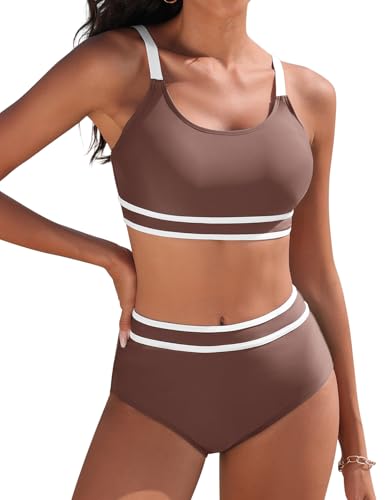 Yuson Girl Fato de banho para mulher conjunto de biquíni push up patchwork de riscas biquíni desportivo cintura alta biquíni secagem rápida controlo de barriga fato de banho redutor biquíni duas peças