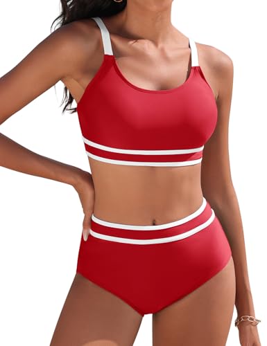 Yuson Girl Fato de banho para mulher conjunto de biquíni push up patchwork de riscas biquíni desportivo cintura alta biquíni secagem rápida controlo de barriga fato de banho redutor biquíni duas peças