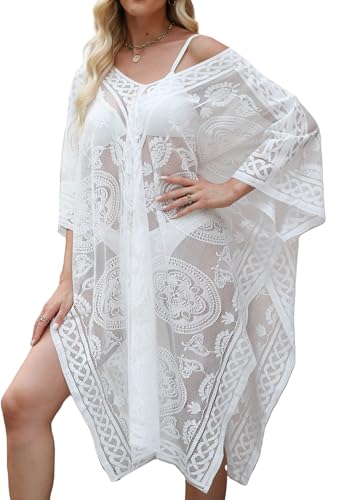Vestido de Playa Sexy y Elegante de Encaje para Mujer, Pareo cubrebañador con Cuello en V para Vacaciones y Fiestas