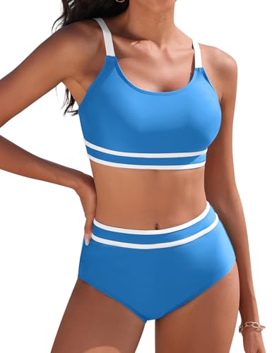Yuson Girl Fato de banho para mulher conjunto de biquíni push up patchwork de riscas biquíni desportivo cintura alta biquíni secagem rápida controlo de barriga fato de banho redutor biquíni duas peças