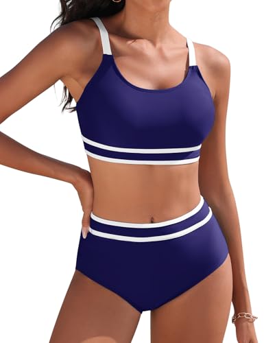Yuson Girl Fato de banho para mulher conjunto de biquíni push up patchwork de riscas biquíni desportivo cintura alta biquíni secagem rápida controlo de barriga fato de banho redutor biquíni duas peças