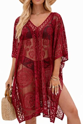 Vestido de Playa Sexy y Elegante de Encaje para Mujer, Pareo cubrebañador con Cuello en V para Vacaciones y Fiestas