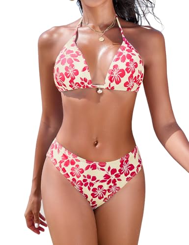 Nadeer Conjunto de biquíni mulher brasileiro fato de banho 2 peças sexy halter triângulo push-up enchimento fato de banho conjunto cintura alta estampado floral de praia natação