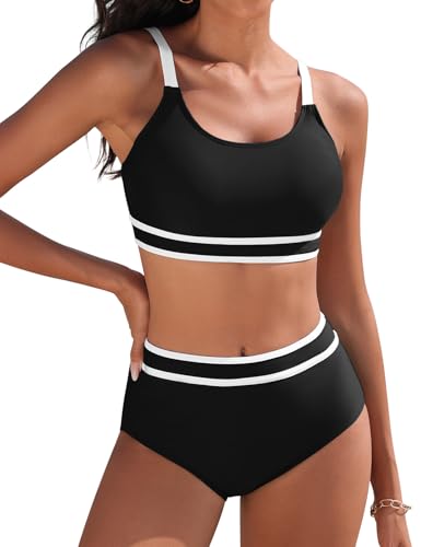 Yuson Girl Fato de banho para mulher conjunto de biquíni push up patchwork de riscas biquíni desportivo cintura alta biquíni secagem rápida controlo de barriga fato de banho redutor biquíni duas peças