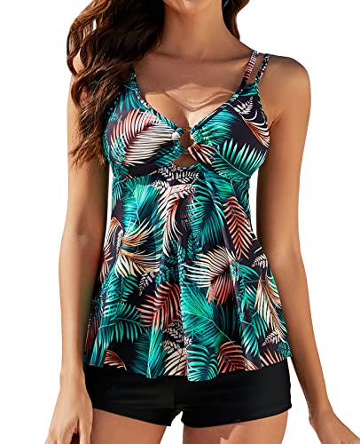 Genfien Tankinis Fato de Banho Mulher Push Up Swimwear Beachwear Fato de Banho de 2 Peças Mulher com 2 Alças Ajustável Estampado Floral para Praia Férias Nadar Boyshort Fato de Banho