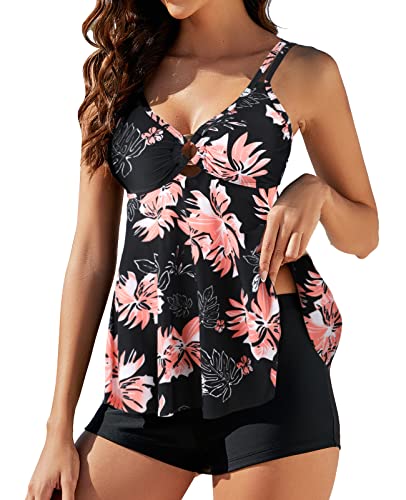 Genfien Tankinis Fato de Banho Mulher Push Up Swimwear Beachwear Fato de Banho de 2 Peças Mulher com 2 Alças Ajustável Estampado Floral para Praia Férias Nadar Boyshort Fato de Banho