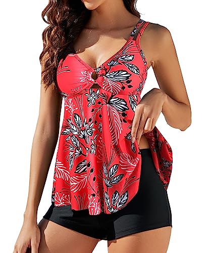Genfien Tankinis Fato de Banho Mulher Push Up Swimwear Beachwear Fato de Banho de 2 Peças Mulher com 2 Alças Ajustável Estampado Floral para Praia Férias Nadar Boyshort Fato de Banho