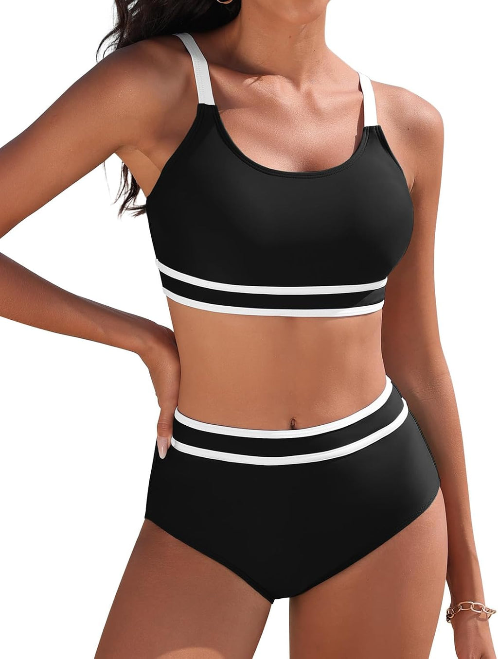 Yuson Girl Fato de banho para mulher conjunto de biquíni push up patchwork de riscas biquíni desportivo cintura alta biquíni secagem rápida controlo de barriga fato de banho redutor biquíni duas peças