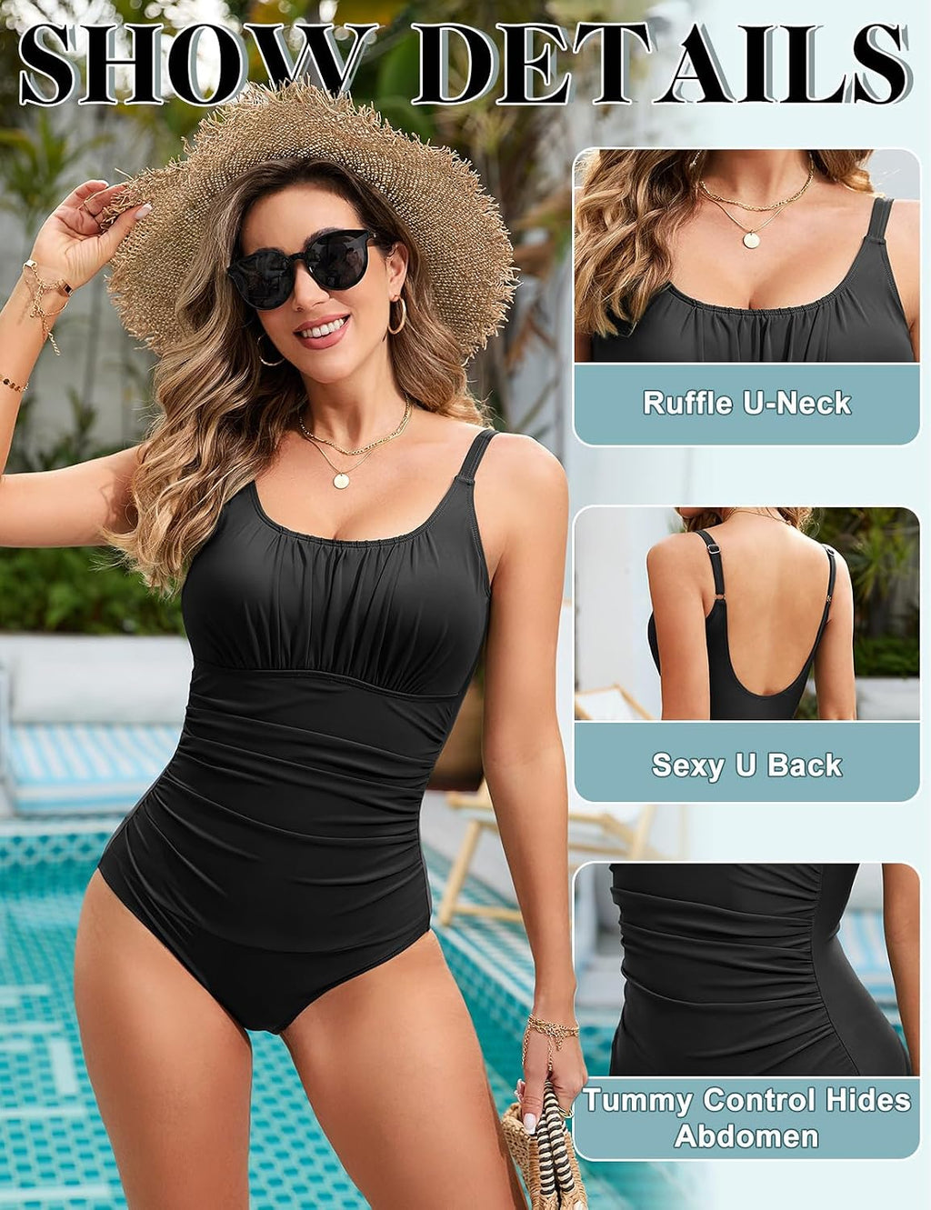 Vancavoo Fato de banho de uma peça mulher redutor fato de banho de dobras cintura alta decote em U fatos de banho Push Up roupa de banho de praia de colete