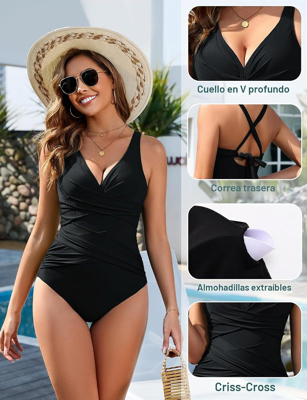 heekpek Fato de banho mulher redutor barriga e push-up barriga plana fatos de banho mulher natação sexy decote em V cruz frontal fato de banho uma peça