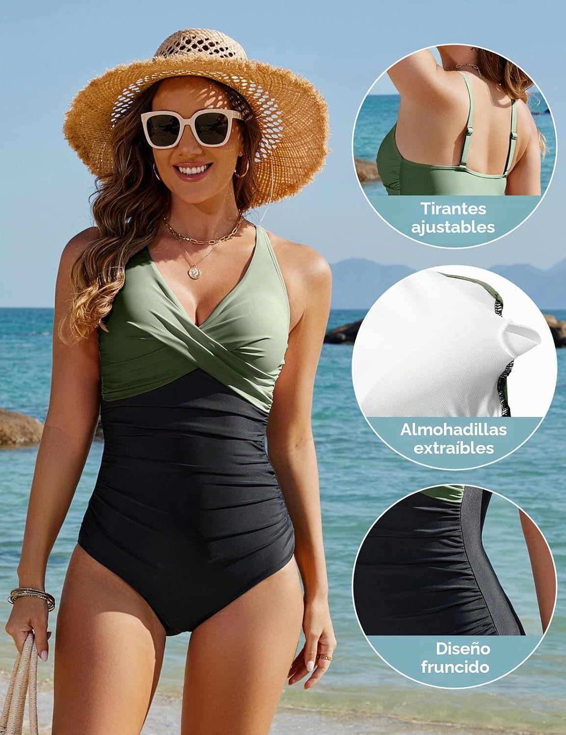 heekpek Fato de banho mulher redutor decote em V fato de banho uma peça barriga plana cintura alta inteira fato de banho natação com enchimento e push up