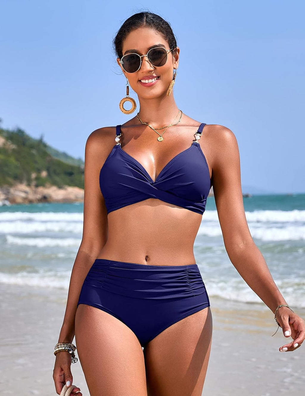 Nadeer Fato de banho para mulher top cruzado decote em V duas peças com pérolas sexy elegante conjuntos de biquíni controlo de barriga de cintura alta fato de banho de praia