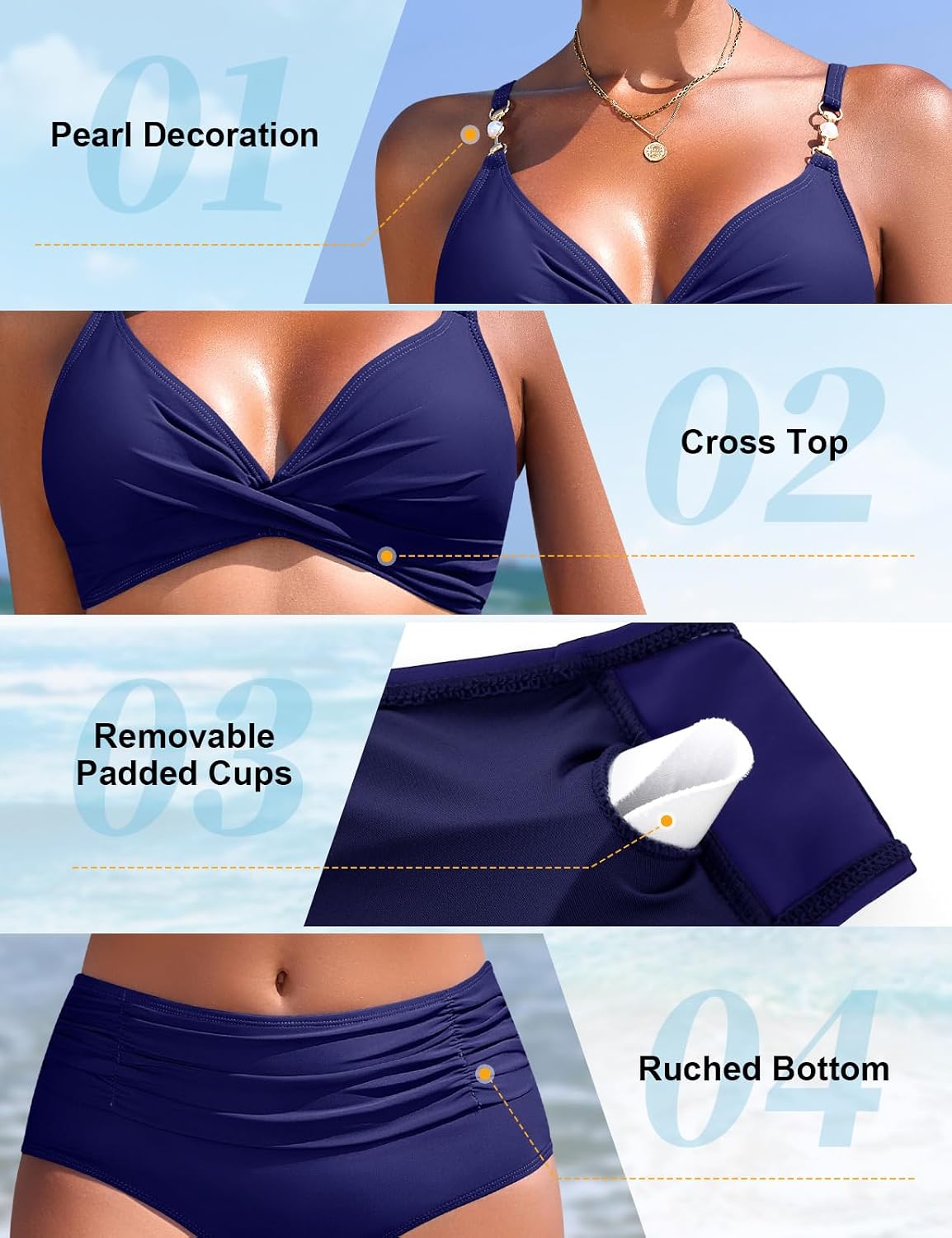 Nadeer Fato de banho para mulher top cruzado decote em V duas peças com pérolas sexy elegante conjuntos de biquíni controlo de barriga de cintura alta fato de banho de praia