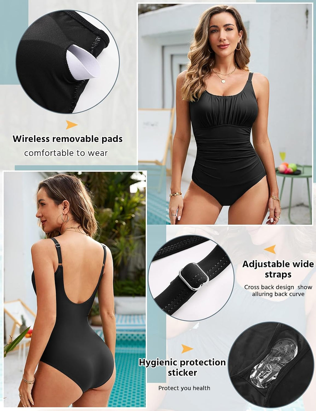 Vancavoo Fato de banho de uma peça mulher redutor fato de banho de dobras cintura alta decote em U fatos de banho Push Up roupa de banho de praia de colete