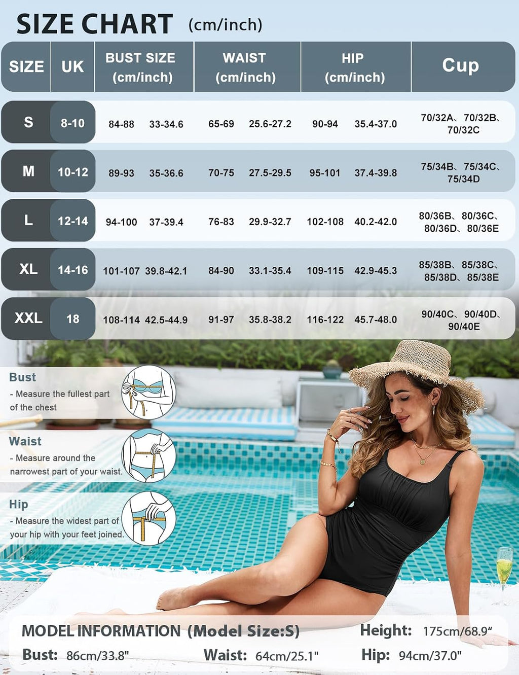 Vancavoo Fato de banho de uma peça mulher redutor fato de banho de dobras cintura alta decote em U fatos de banho Push Up roupa de banho de praia de colete
