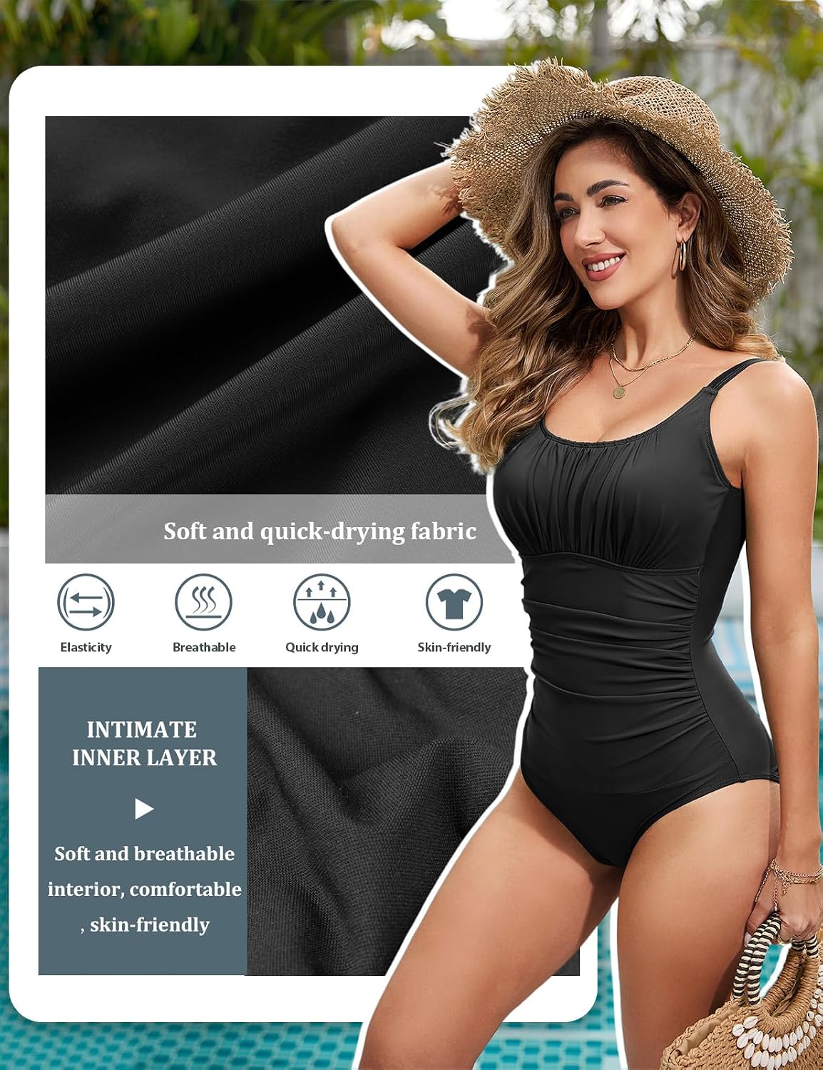 Vancavoo Fato de banho de uma peça mulher redutor fato de banho de dobras cintura alta decote em U fatos de banho Push Up roupa de banho de praia de colete