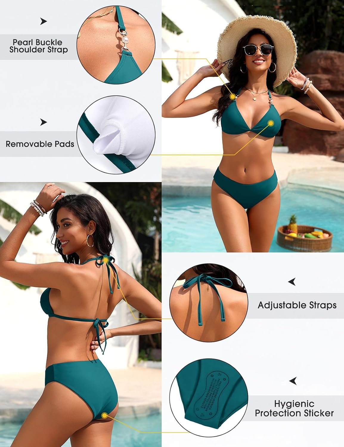 UMIPUBO Mulher biquíni fato de banho 2 peças sexy com triângulo decote em V fato de banho conjunto brasileiro halter cintura baixa laço de duas peças com pérolas praia a natação