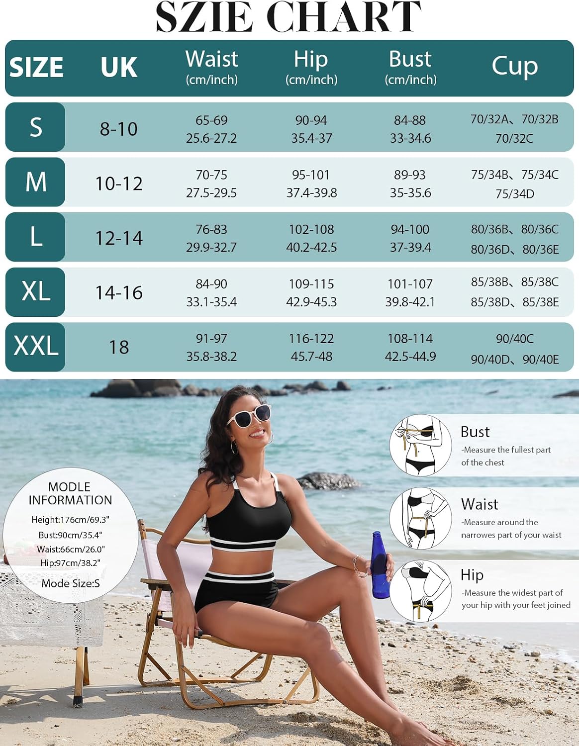 Yuson Girl Fato de banho para mulher conjunto de biquíni push up patchwork de riscas biquíni desportivo cintura alta biquíni secagem rápida controlo de barriga fato de banho redutor biquíni duas peças