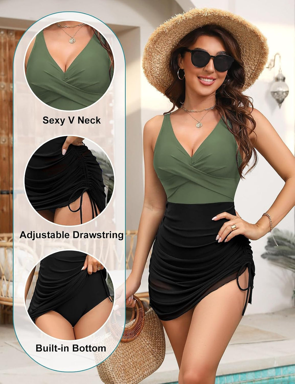 Tuopuda Fato de banho mulher decote em V sexy push up fato de banho de uma peça vestido de banho de malha transparente franzido redutores barriga roupa de banho
