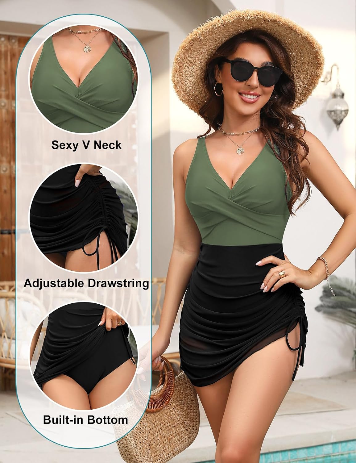 Tuopuda Fato de banho mulher decote em V sexy push up fato de banho de uma peça vestido de banho de malha transparente franzido redutores barriga roupa de banho