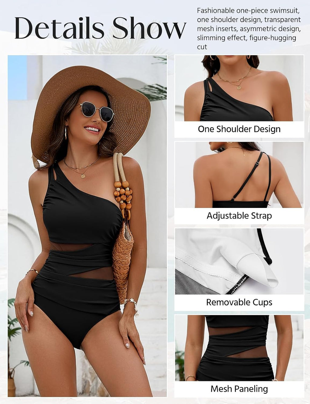 Svanco Fato de banho feminino redutor barriga plana, fato de banho sexy push up com enchimento, design de ombro com painéis de malha, ideal para praia e natação
