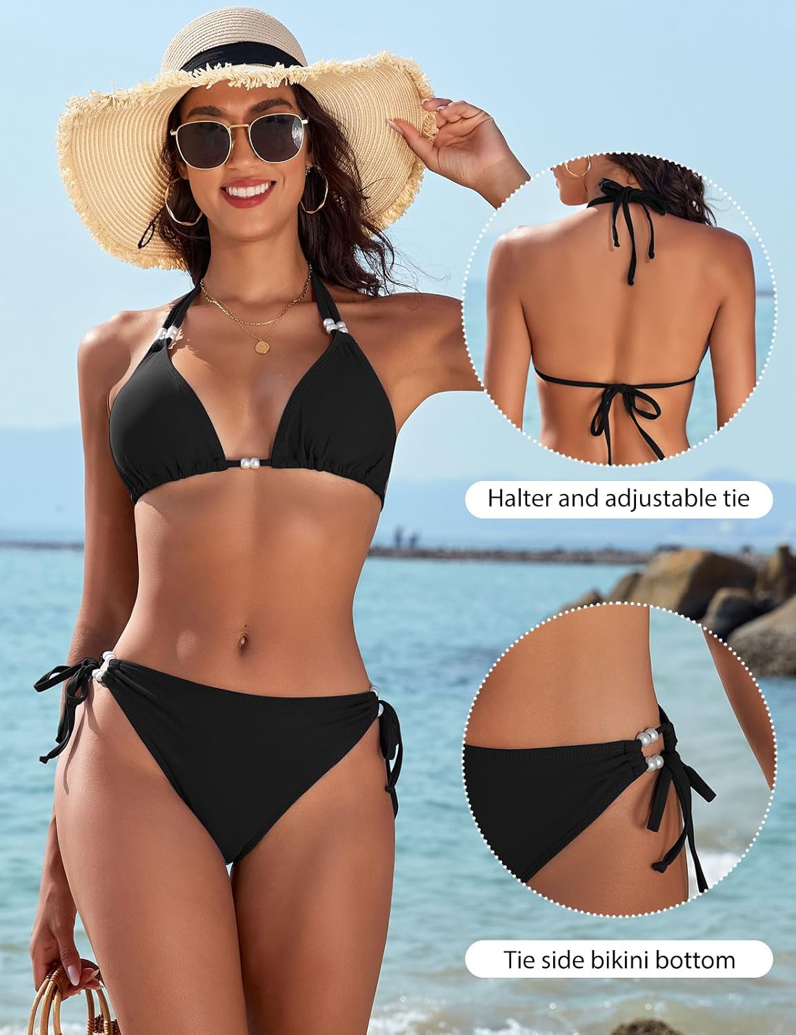 CMTOP Biquíni mulher conjunto de biquíni halter triângulo biquíni top e cuecas de biquíni com cordão ajustável de cintura alta sólido fato de banho 2 peças sexy de praia