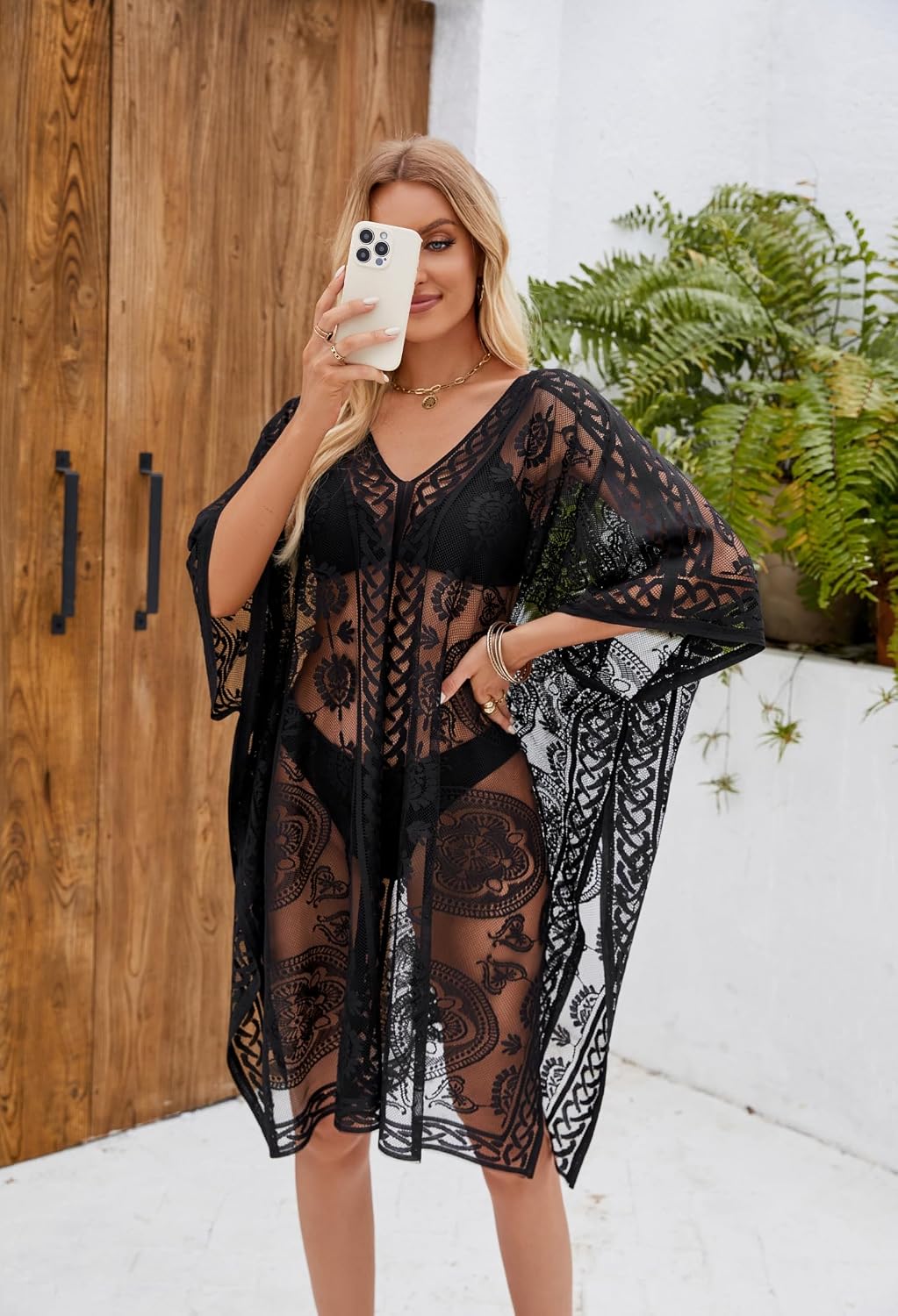 Vestido de Playa Sexy y Elegante de Encaje para Mujer, Pareo cubrebañador con Cuello en V para Vacaciones y Fiestas