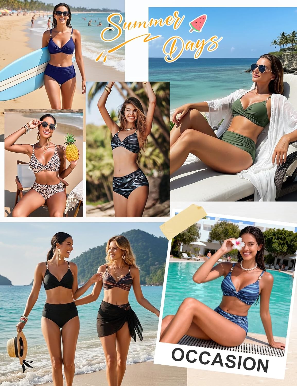 Nadeer Fato de banho para mulher top cruzado decote em V duas peças com pérolas sexy elegante conjuntos de biquíni controlo de barriga de cintura alta fato de banho de praia