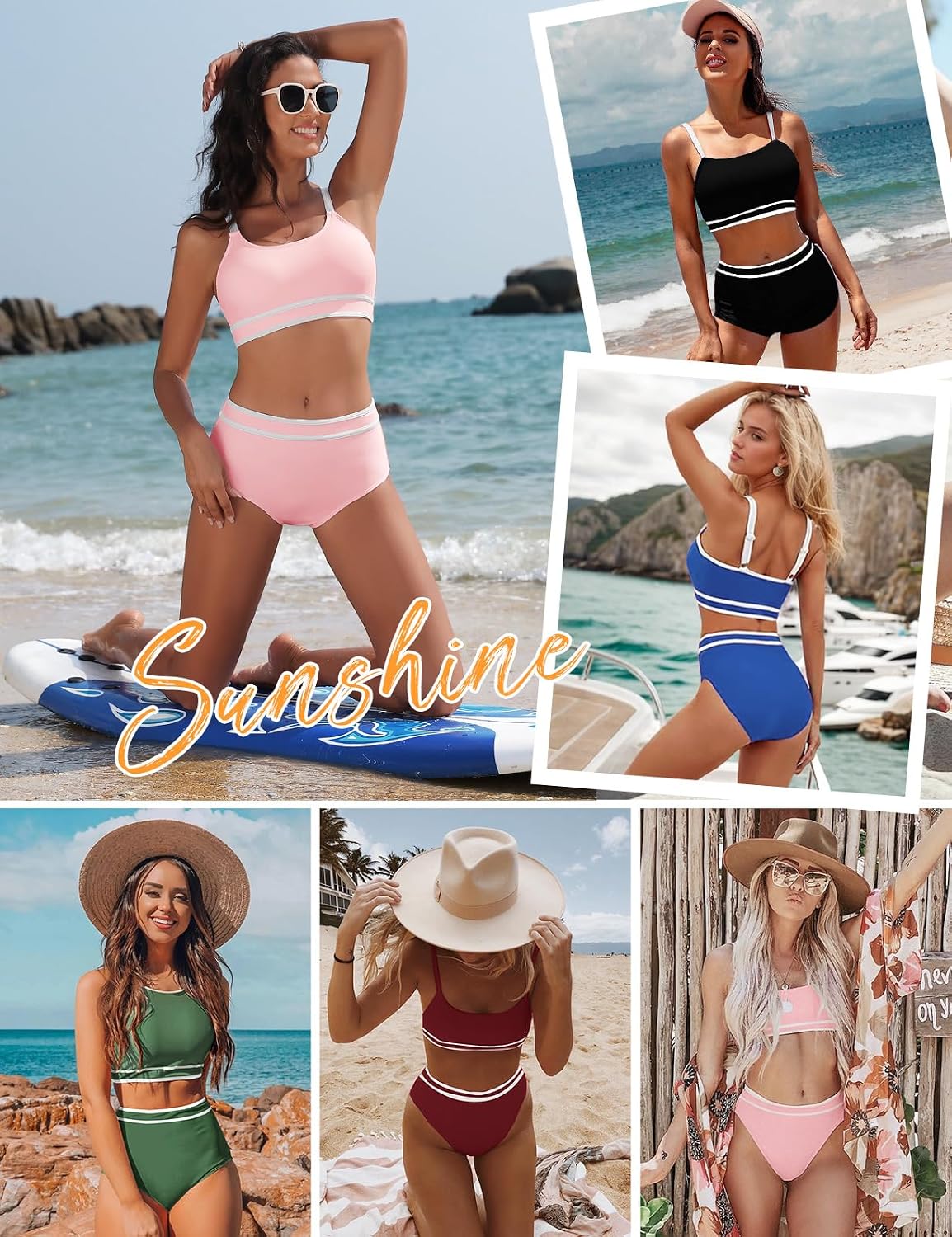 Yuson Girl Fato de banho para mulher conjunto de biquíni push up patchwork de riscas biquíni desportivo cintura alta biquíni secagem rápida controlo de barriga fato de banho redutor biquíni duas peças