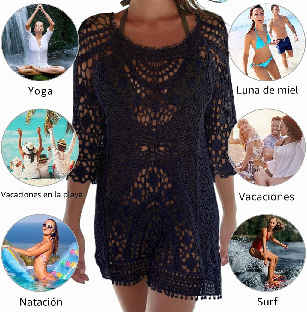 Camisolas e paredes, mulheres sexy biquíni cover up vestido de crochê praia túnica de malha vazar vestido de biquíni verão fato de banho