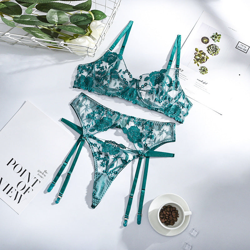 Ensemble Dentelle Florale Brodée à Jarretelles